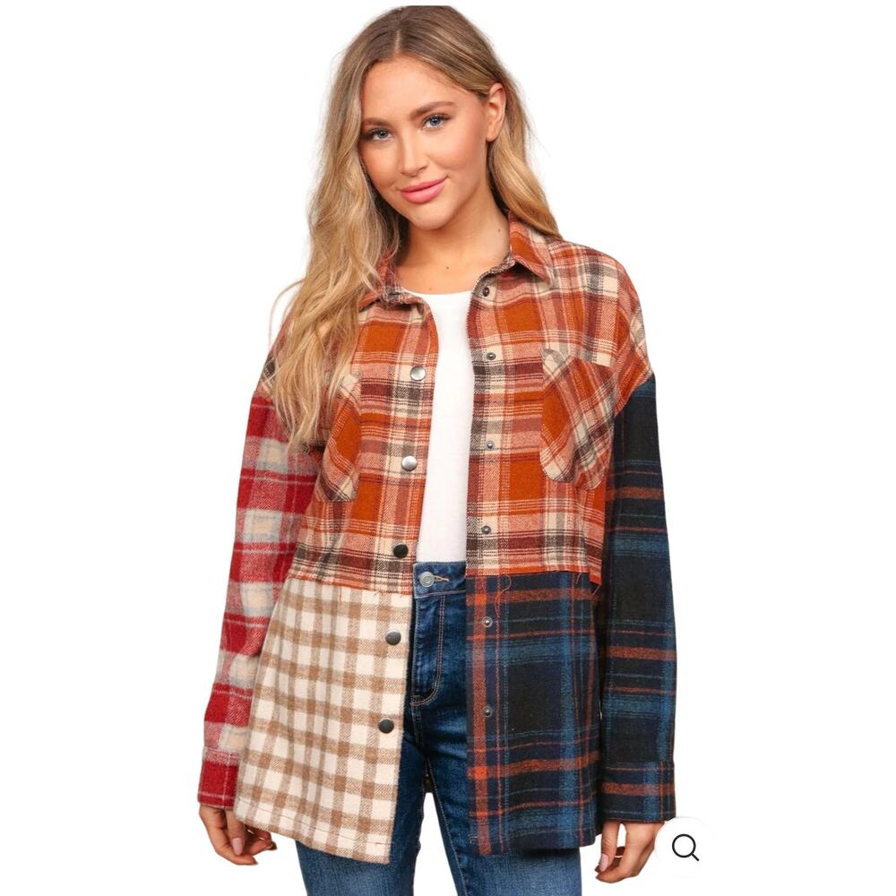 Flannel Loose Fit Color Block Snap Button Down Pl… - image 4